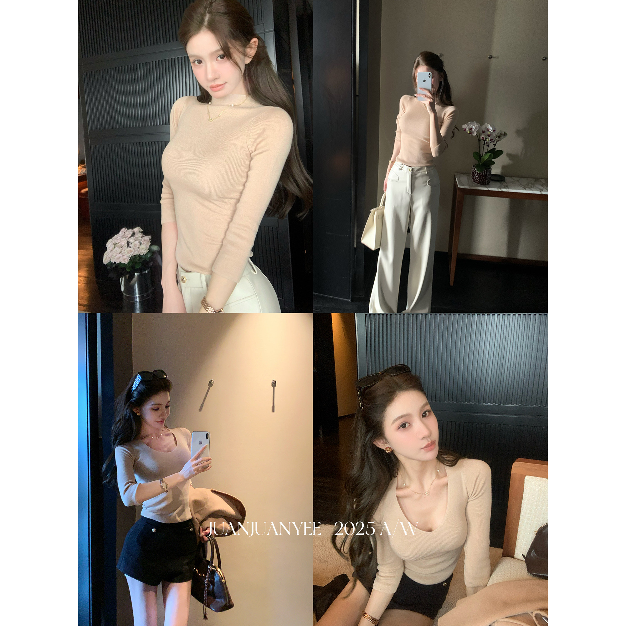 juanjuanyee“进阶贵女”半高领+v领纯御7分袖棉羊毛高弹修身上衣