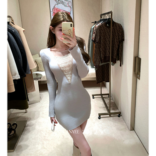 juanjuanyee【黛莉丝】纯欲风珠片v领长袖高弹针织修身包臀短裙女