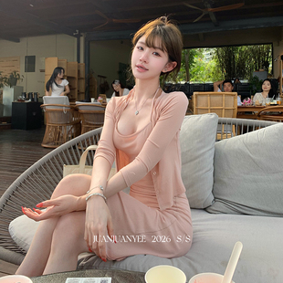 juanjuanyee【白女套装】挂脖纯欲性感吊带针织开衫连衣裙三件套