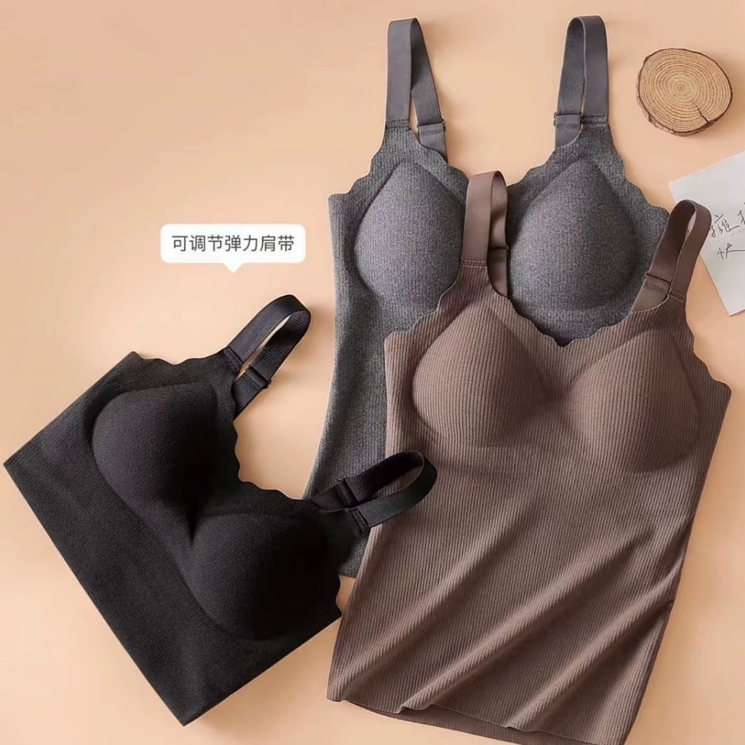 秋冬磨毛保暖背心自带杯垫内衣女士舒适桑蚕丝御寒羊绒修长文胸罩