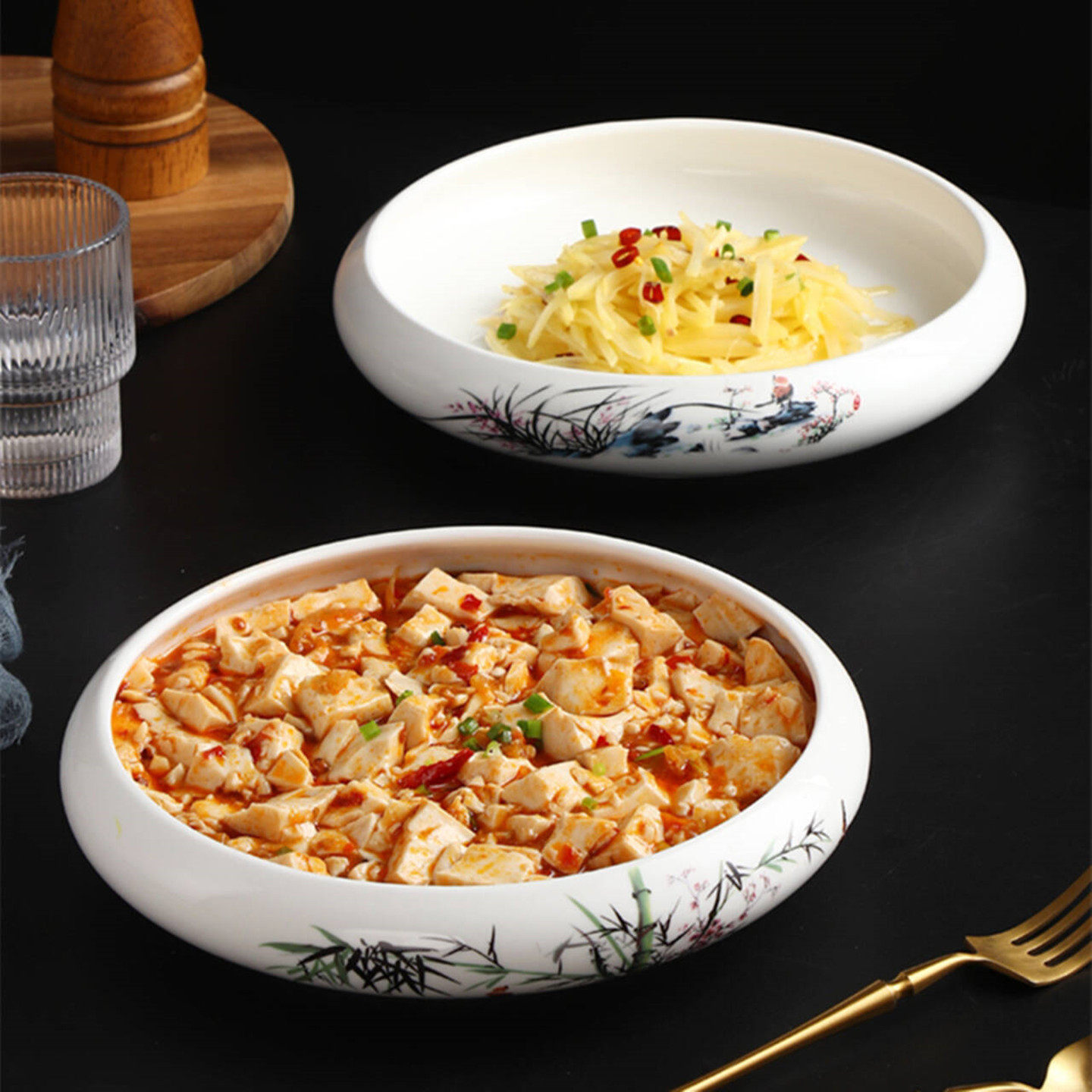 酒店陶瓷梅兰竹古形热菜碗创意麻婆豆腐沙拉碗私房菜特色餐具汤盘