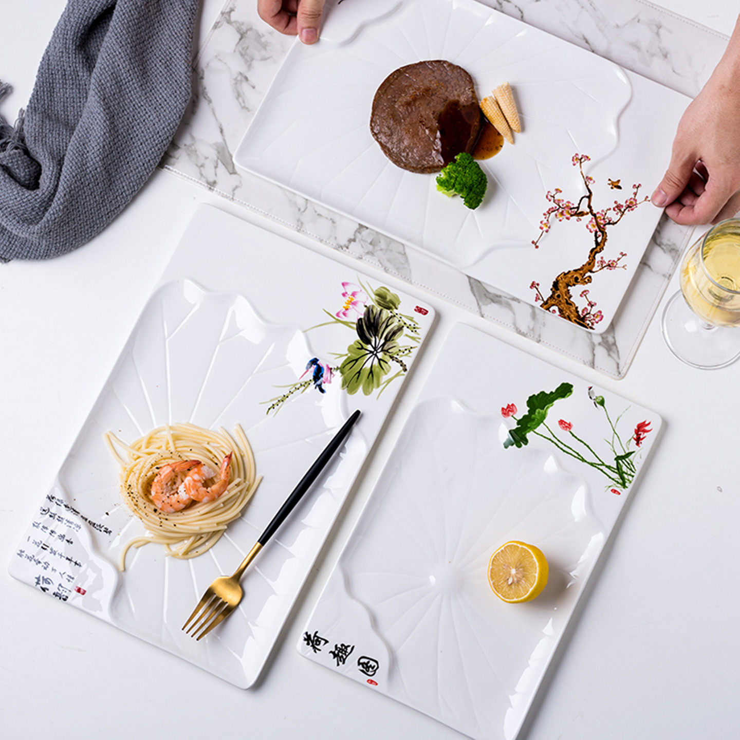 特色餐厅碟子陶瓷西餐盘子凉菜盘创意酒店餐具家用长方形荷花盘,餐饮具,盘,淘宝优惠券,粉丝福利购,淘宝优惠卷