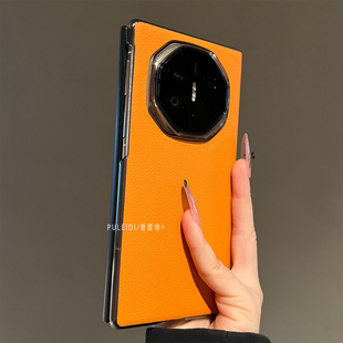 荔枝纹爱马仕橙适用华为MateXTs非凡大师三折叠屏手机壳简约高档MateXT全包防摔休眠保护套