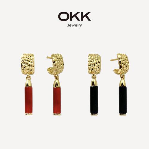 OKK 柱彩新中式圆柱彩宝红黑玛瑙蓝青金石吊坠耳钉925银针耳饰女