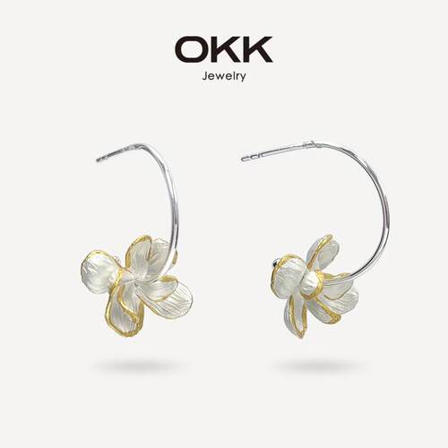 OKK海棠花环形耳环法式C型925银针复古拉丝花瓣金银温柔耳饰女