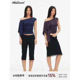 AFTADAWN 天丝莫代尔斜肩不规则单侧披肩袖收腰褶皱T恤上衣