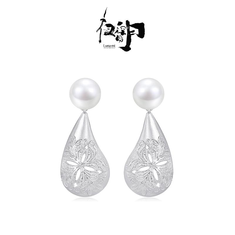 【Lunami 夜深见月】繁花系列珠玉浮雕水滴耳环