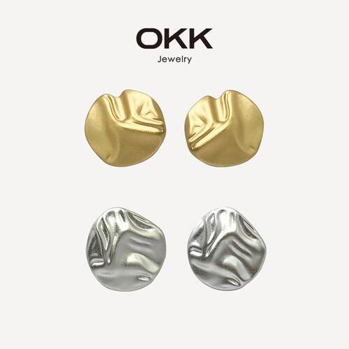 OKK 何月圆形肌理几何褶皱金银双色哑光极简通勤百搭耳钉925银针