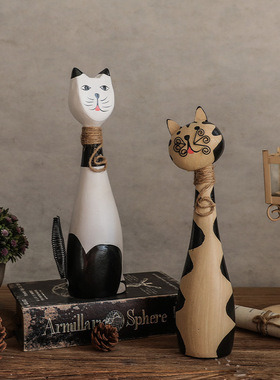 欧式简约木质动物客厅手作猫咪雕家居办公室搁板装饰摆件生日礼物