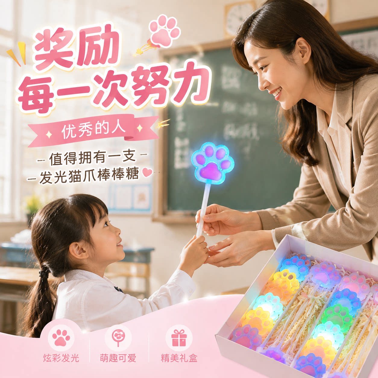 发光猫爪棒棒糖创意礼物高颜值生日礼物22g大颗12支整盒装