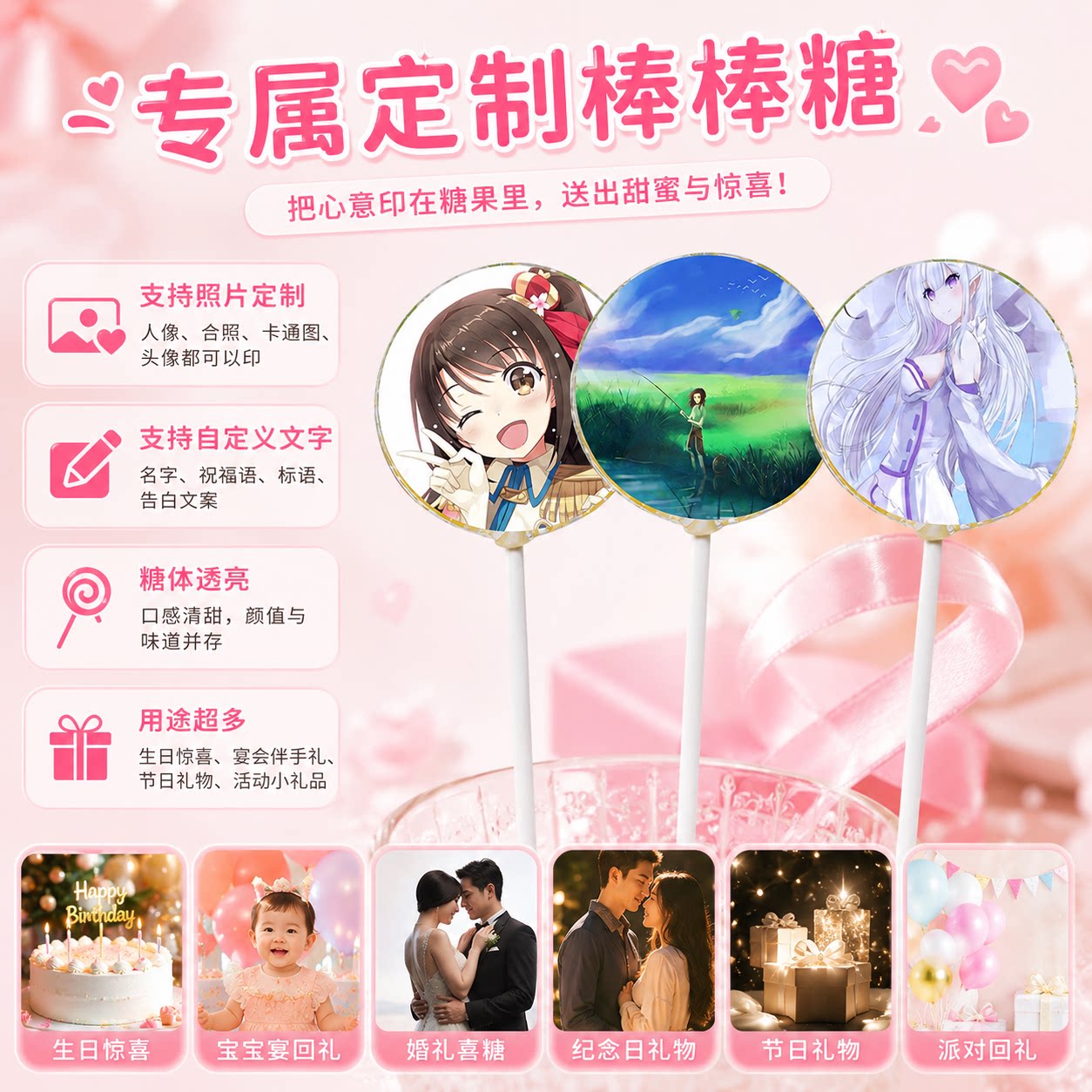 照片定制棒棒糖可印文字图片diy手工糖果生日伴手礼儿童节日礼物