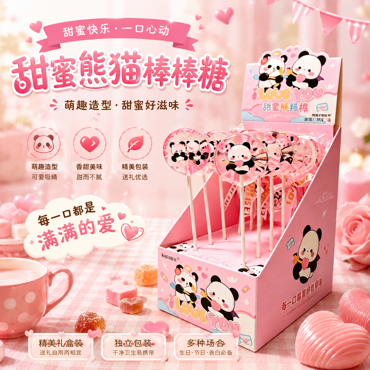创意网红国宝熊猫照片糖 可爱卡通造型熊有成竹高颜值棒棒糖批发