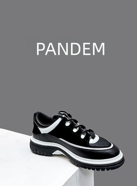 PANDEM鼎25C厚底运动鞋 黑白熊猫拼色真皮菱格休闲系带运动鞋女