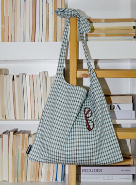 wishmore复古格子口袋斜挎包百搭格纹单肩手提通勤大容量帆布包女