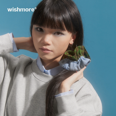 wishmore双层拼色格纹大肠发圈原创设计感复古牛仔发饰头绳头饰