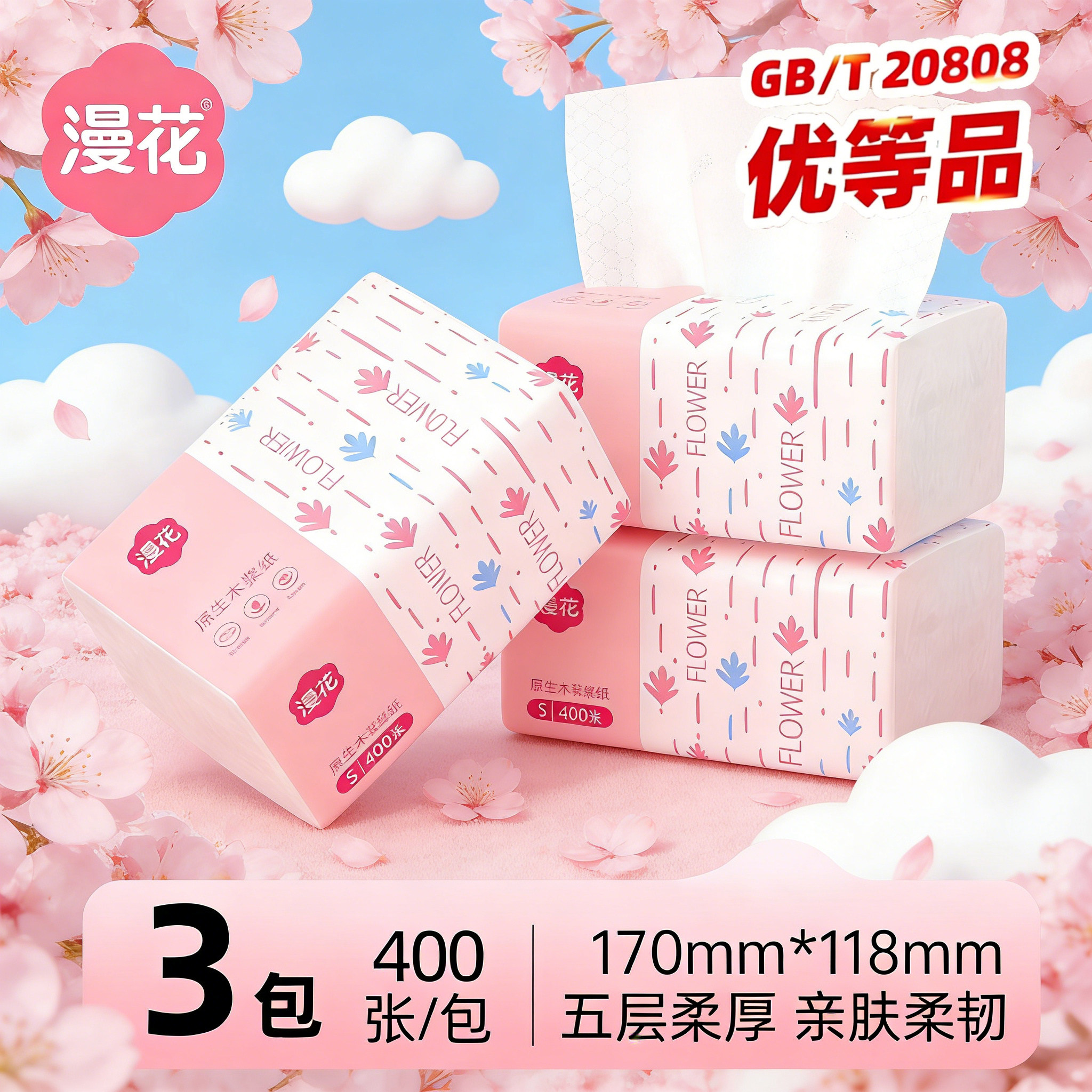 漫花 卫生纸家用400张30包抽纸整箱5层加厚原木浆餐巾纸原生木浆