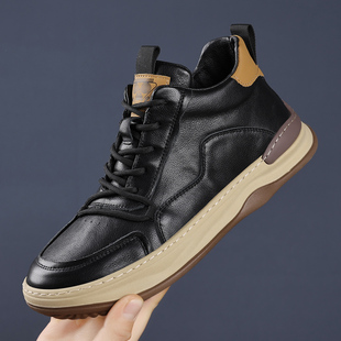 头层牛皮高帮鞋2026新款春季板鞋软底运动真皮皮鞋透气休闲鞋男款
