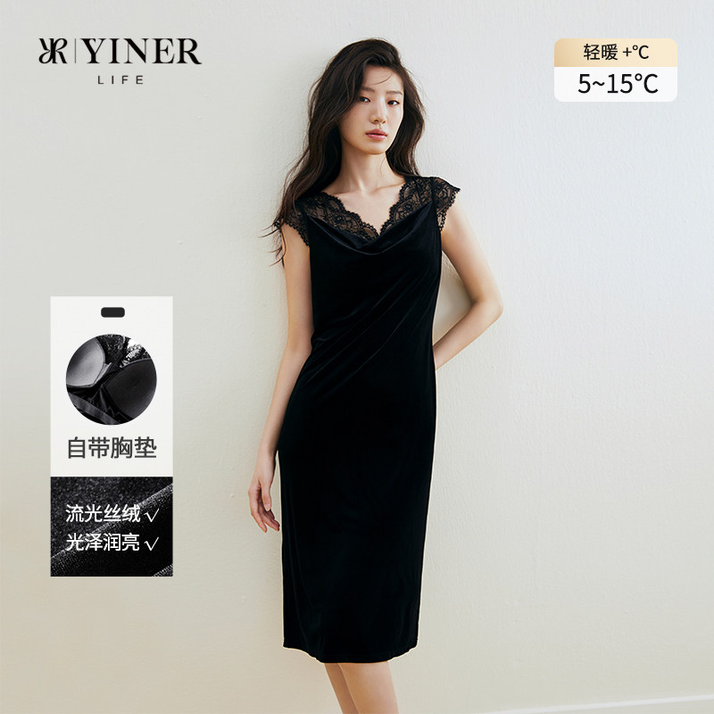 YINER LIFE女士带杯丝绒裙小黑裙可外穿礼服设计高级感防静电睡裙,女士内衣/男士内衣/家居服,睡裙,淘宝优惠券,粉丝福利购,淘宝优惠卷