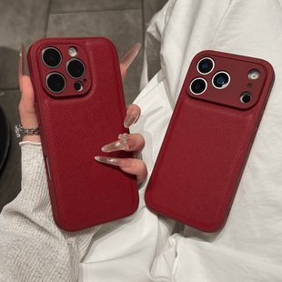 秋冬新款肤感素皮纹适用于苹果16promax手机壳防指纹iPhone15promax简约高端14皮质保护套13橙色17安克拉红12