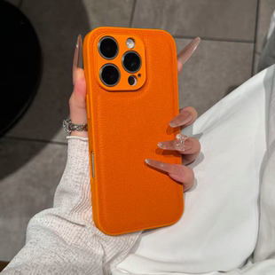 秋冬新款肤感素皮纹适用于苹果16promax手机壳防指纹iPhone15promax简约高端14皮质保护套13橙色17安克拉红12