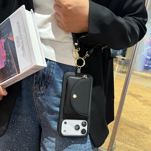 黑色斜挎挂绳苹果手机壳补妆镜
