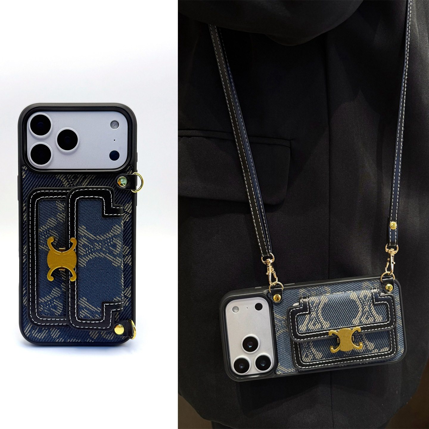 牛仔蓝斜挎挂绳适用苹果17promax手机壳可背带新款iPhone17高级感便捷手提16promax高档14背包式15插卡13保护