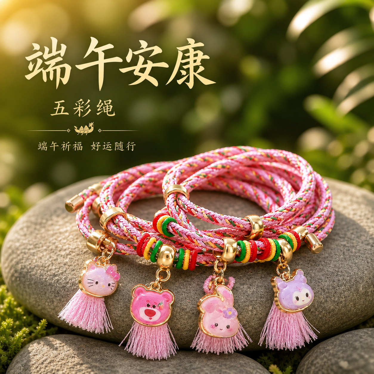 端午节粉色五彩绳儿童卡通手绳宝宝长命锁流苏小粽子绳子女童手链