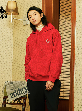 Kappa卡帕背靠背龙年新年款套头帽衫2025男女复古红色卫衣长袖