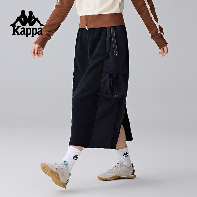 Kappa卡帕摇粒绒中长裙户外工装风耐磨抗皱高腰半身裙女黑色抽绳