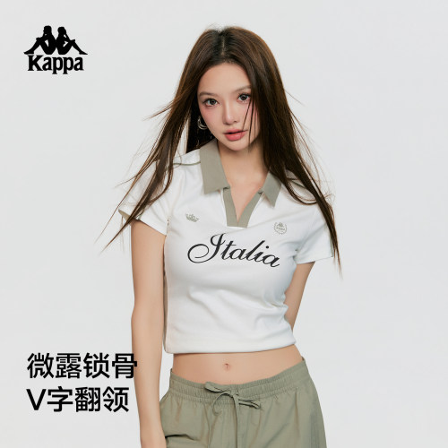 Kappa女夏复古撞色V领短袖POLO衫