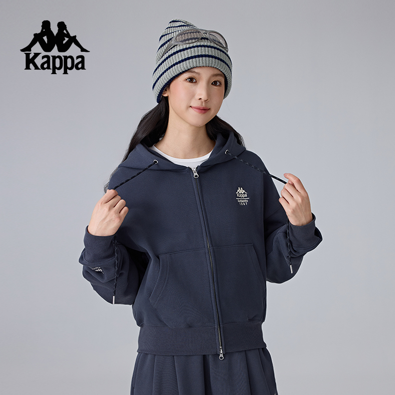 Kappa卡帕背靠背新款运动外套女款休闲连帽卫衣针织开衫短款上衣