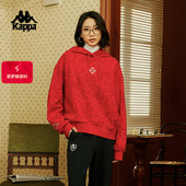 Kappa卡帕2026春秋新款 红色卫衣套头帽衫 女满印运动休闲上衣