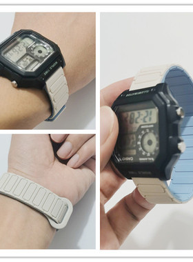 适用Casio卡西欧W218H表带W219H手表带环带硅胶磁吸新款环带小方块男女款18mm改装加长配件保护壳非原装