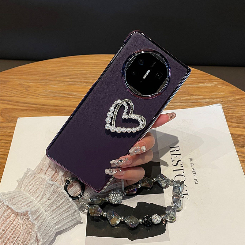 原装正品适用美国进口电镀皮质暗紫色镂空爱心华为MateX5折叠屏手机壳新款X3典藏版保护套炫彩珍珠手提链条高