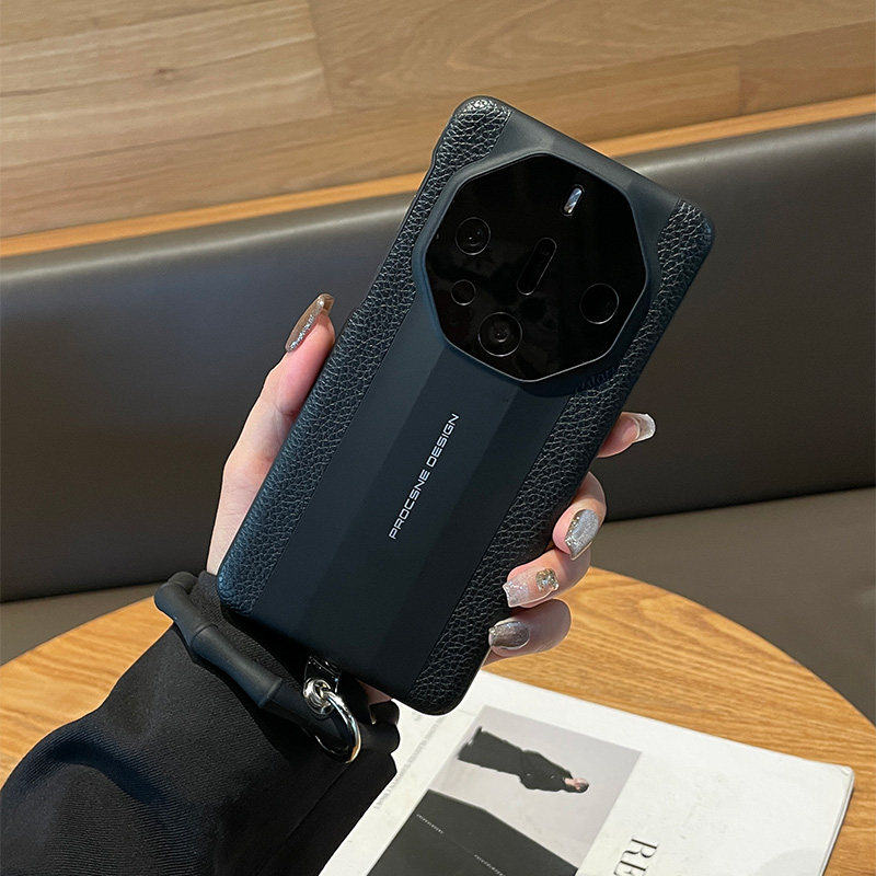 原装正品适用美国进口真皮高端轻奢黑色手提圆环华为Mate60RS非凡大师手机壳新款50保时捷40全包防摔高级感Pu