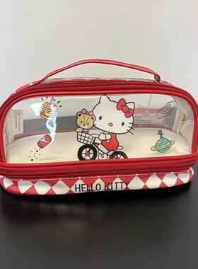 kt透明双层化妆包立体大容量洗漱包学生文具袋手提卡通笔袋铅笔盒