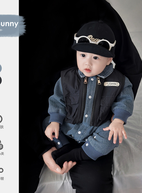 男宝宝连体衣春秋满月衣服洋气婴儿爬服春季新款小月龄爬服外出服