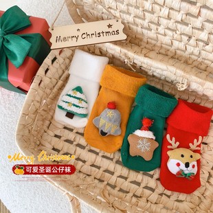 婴儿2025立体圣诞袜子宝宝a类加绒无骨袜加厚保暖室内红色学步袜
