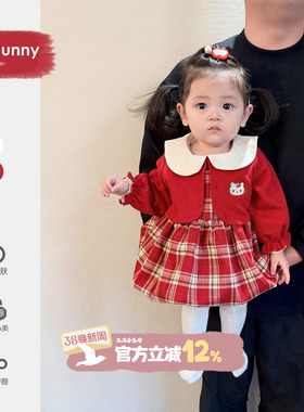 女宝宝早春连衣裙红色喜庆满月周岁生日礼服裙公主裙小月龄裙子萌