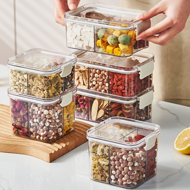 方形二四六分格养生花茶包装收纳罐塑料五谷杂粮老谷头防潮密封罐