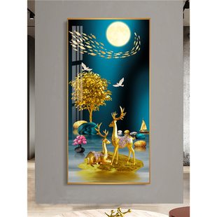 走廊北欧挂画轻奢装饰画画过道瓷画麋鹿玄关客厅晶瓷墙壁竖版入户