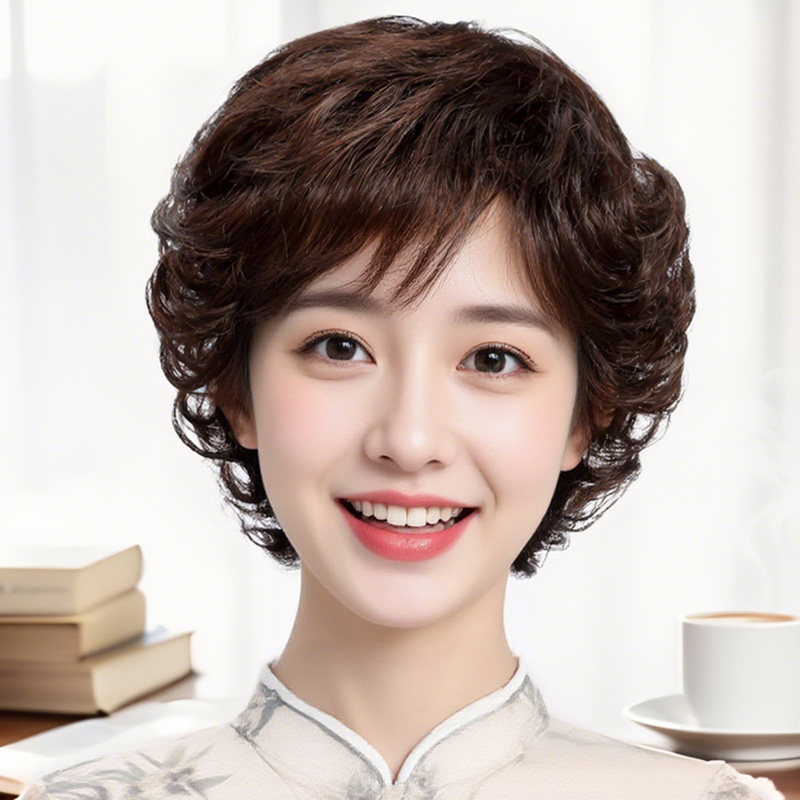 假发女全头套短发中老年日常全真发自然妈妈款女士假发套真人发丝