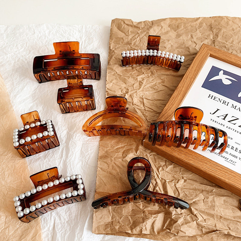 琥珀色发夹后脑勺盘发抓夹ins韩国气质优雅鲨鱼夹子头饰复古发卡