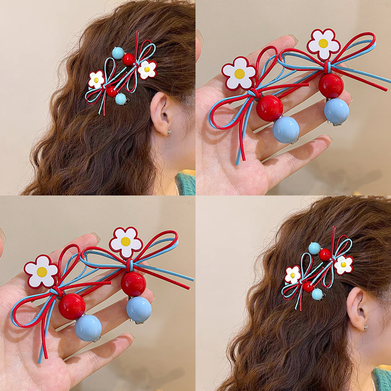 韩系红蓝撞色蝴蝶结花朵发夹
