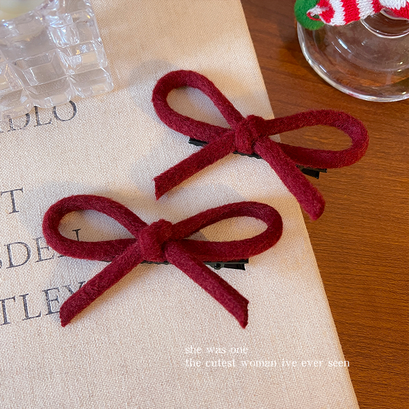 复古新年红色毛呢蝴蝶结发夹