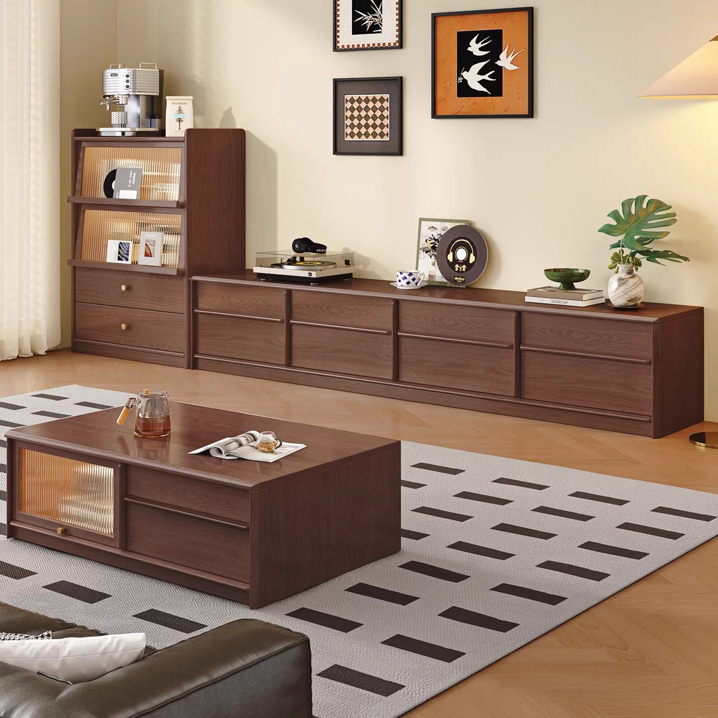 实木电视柜客厅家用2025新款轻奢高级感落地电视机柜小户型储物柜