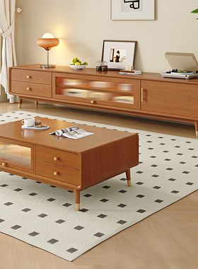 实木电视机柜客厅家用2026新款落地收纳柜储物柜一体茶几组合地柜