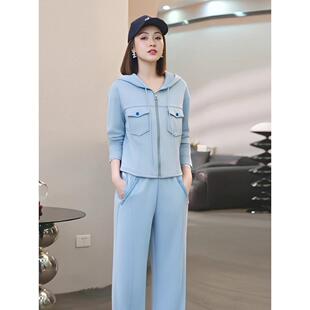 ROUMIKL蓝色减龄休闲运动风套装女2025春秋小个子连帽卫衣阔腿裤