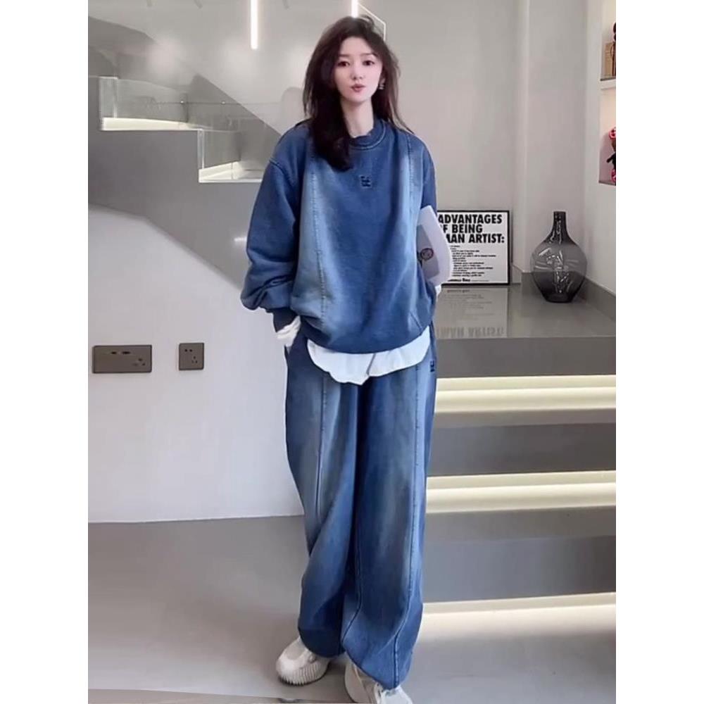 ROUMIKL欧货高档牛仔卫衣慵懒风又a又飒两件套装秋冬新款搭配一整