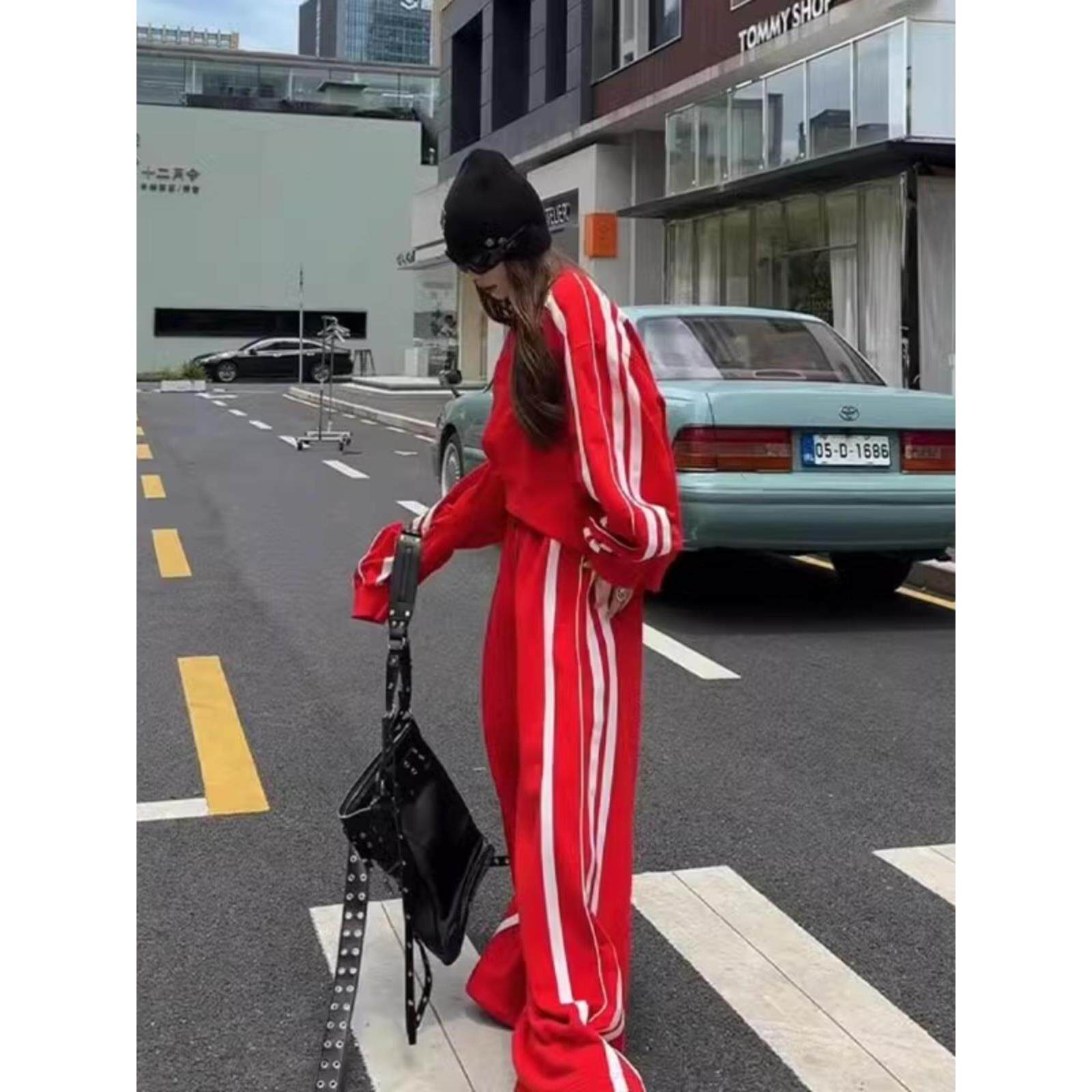 ROUMIKL休闲运动套装女2025秋季新款宽松韩版慵懒风红色卫衣阔腿